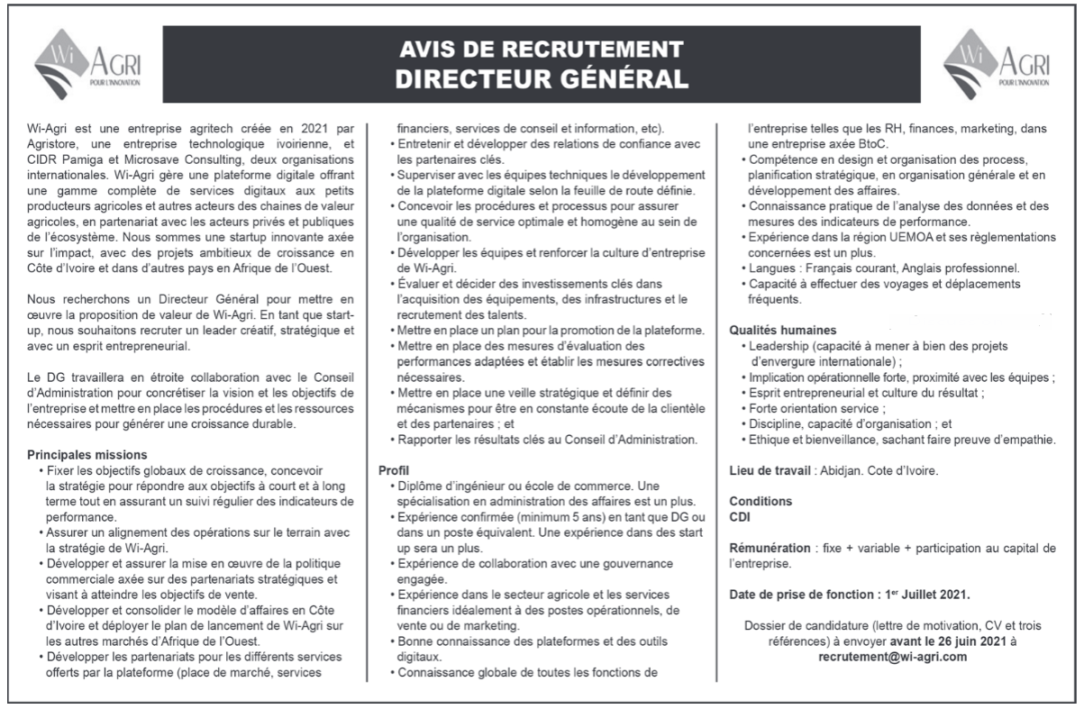 Recrutement de 01 Directeur Général